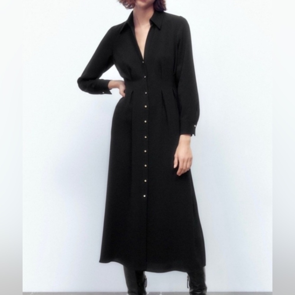 Zara Black Pleated Button-Down Dress